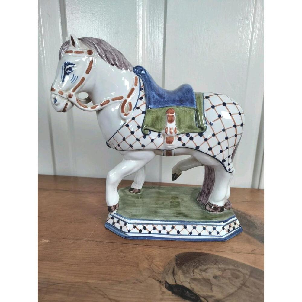 Vintage Mid-Century Italian Ceramic Horse Figurine Blue Green‎ Bitossi Style MCM